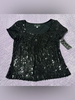 NWT Alex Evenings Black Sequin Scoop Neck Short Sleeve Top (Retail: $100)